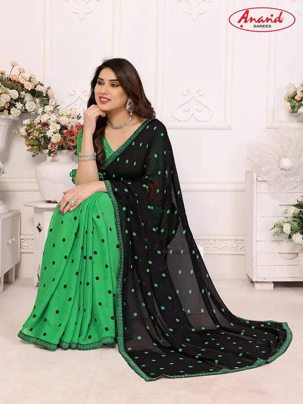 Embellished,_Polka_Print_Bollywood_Georgette_Lace_Border_Dimond_Lace_Border_Saree_(Green,_Black)