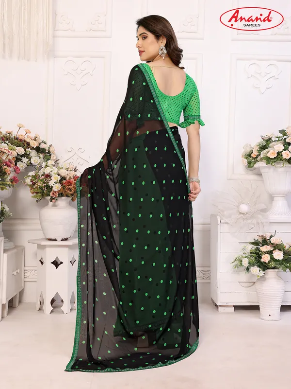 Embellished,_Polka_Print_Bollywood_Georgette_Lace_Border_Dimond_Lace_Border_Saree_(Green,_Black)