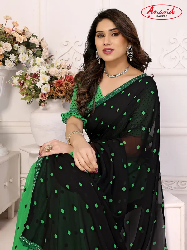 Embellished,_Polka_Print_Bollywood_Georgette_Lace_Border_Dimond_Lace_Border_Saree_(Green,_Black)