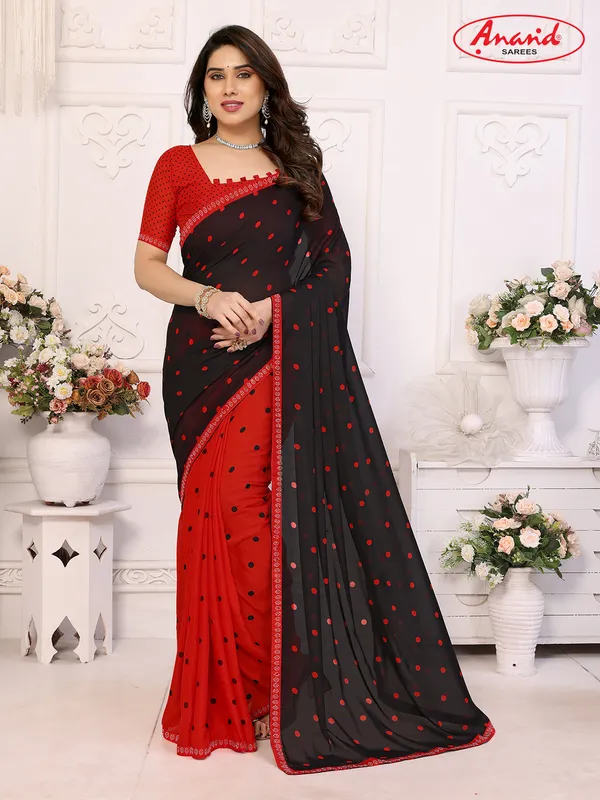 Embellished,_Polka_Print_Bollywood_Georgette_Lace_Border_Dimond_Lace_Border_Saree_(Red,_Black)