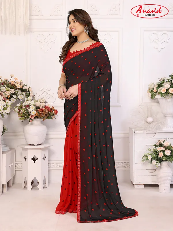 Embellished,_Polka_Print_Bollywood_Georgette_Lace_Border_Dimond_Lace_Border_Saree_(Red,_Black)