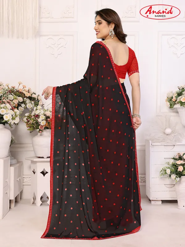 Embellished,_Polka_Print_Bollywood_Georgette_Lace_Border_Dimond_Lace_Border_Saree_(Red,_Black)