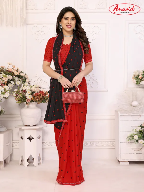 Embellished,_Polka_Print_Bollywood_Georgette_Lace_Border_Dimond_Lace_Border_Saree_(Red,_Black)