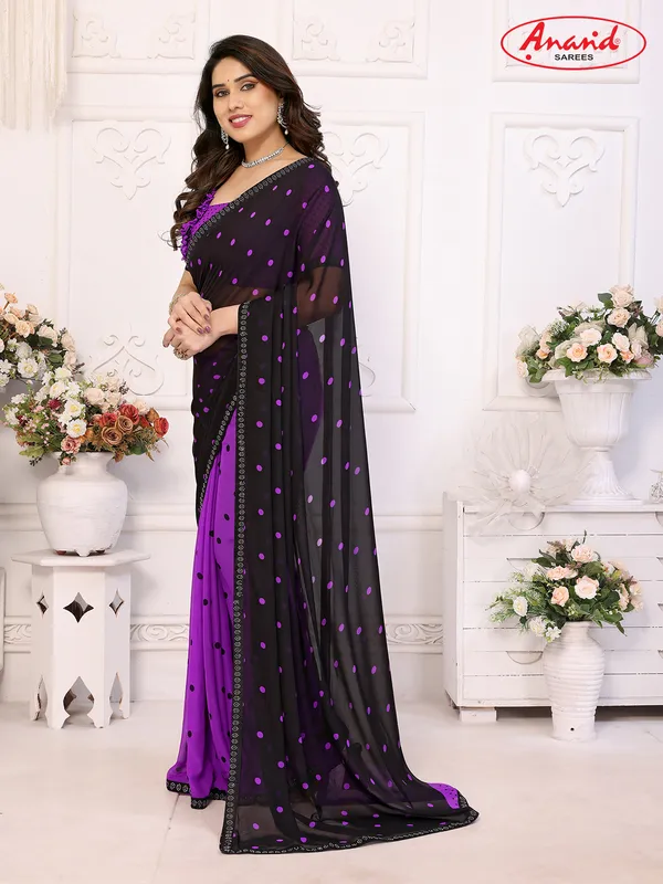 Embellished,_Polka_Print_Bollywood_Georgette_Lace_Border_Dimond_Lace_Border_Saree_(Purple,_Black)