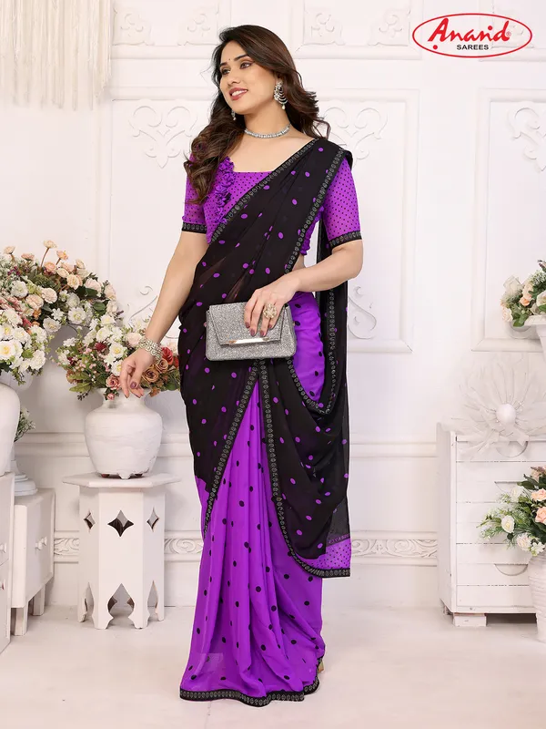 Embellished,_Polka_Print_Bollywood_Georgette_Lace_Border_Dimond_Lace_Border_Saree_(Purple,_Black)