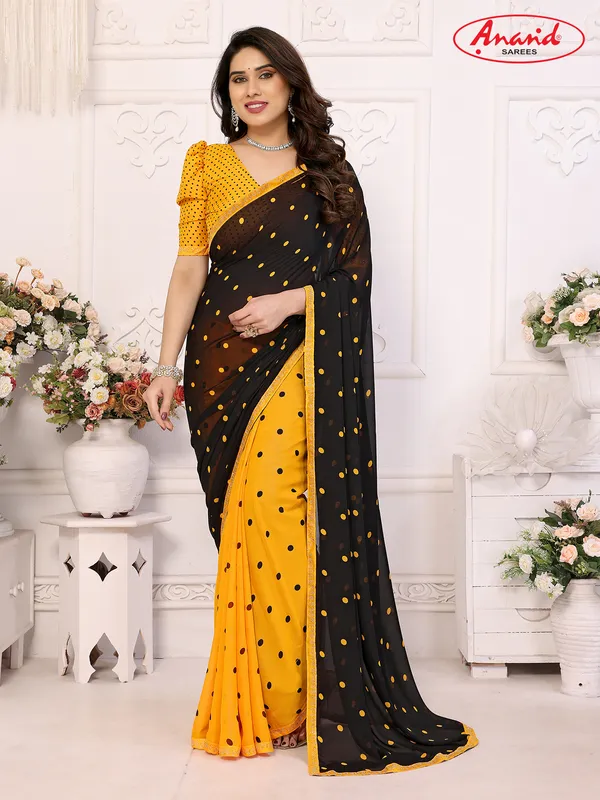 Embellished,_Polka_Print_Bollywood_Georgette_Lace_Border_Dimond_Lace_Border_Saree_(Yellow,_Black)