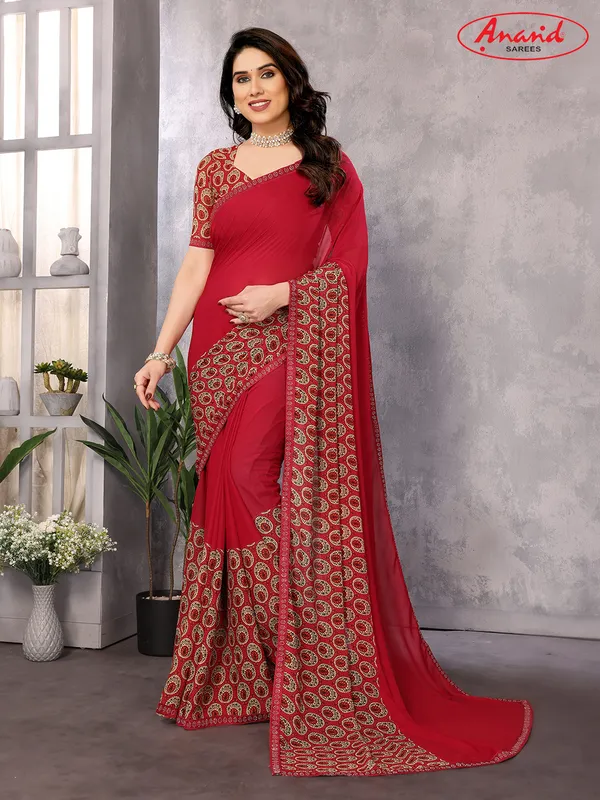 Embellished,_Paisley,_Geometric_Print_Bollywood_Georgette_Saree_(Red)