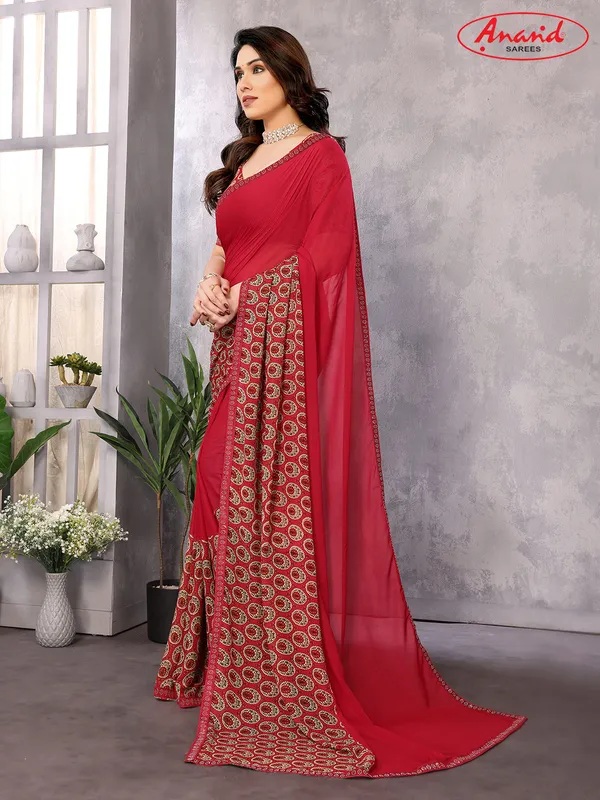 Embellished,_Paisley,_Geometric_Print_Bollywood_Georgette_Saree_(Red)
