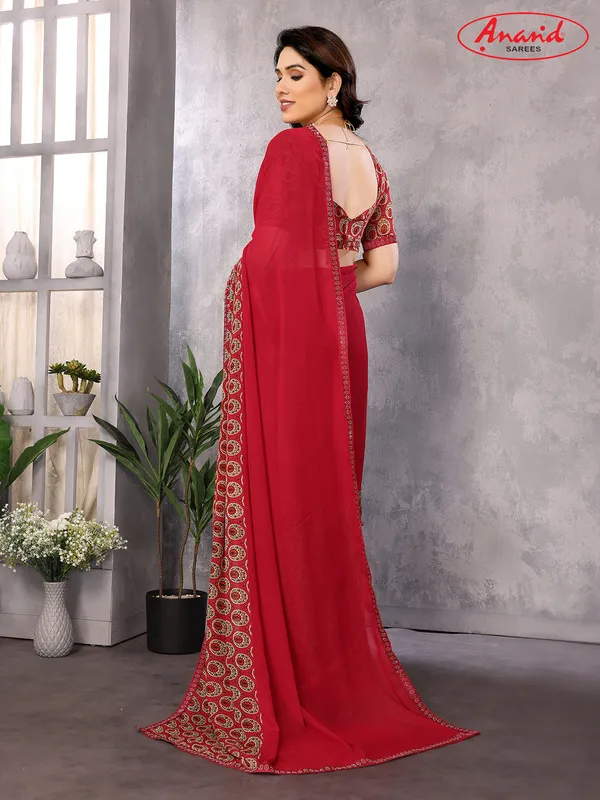 Embellished,_Paisley,_Geometric_Print_Bollywood_Georgette_Saree_(Red)