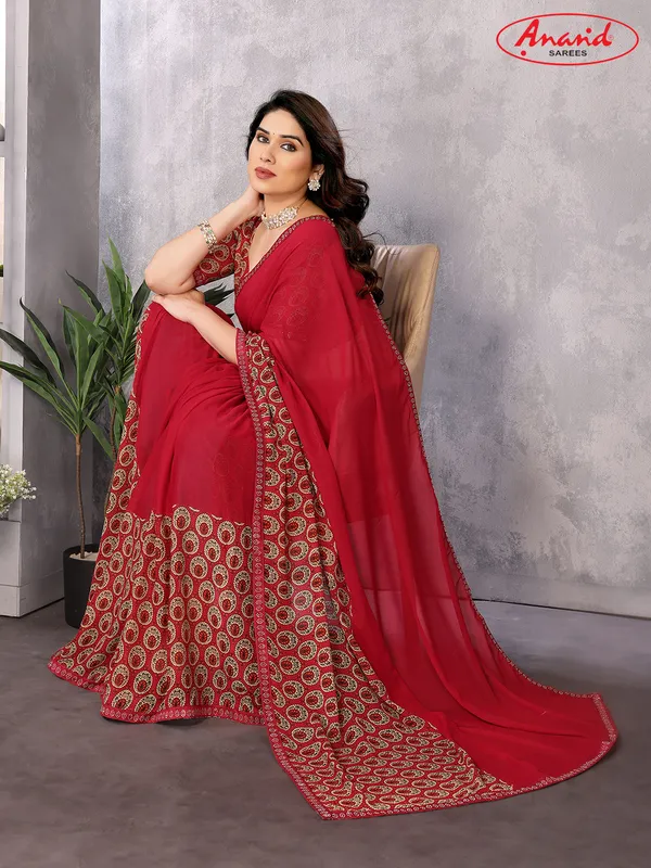 Embellished,_Paisley,_Geometric_Print_Bollywood_Georgette_Saree_(Red)