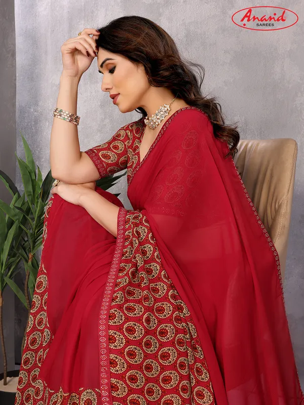 Embellished,_Paisley,_Geometric_Print_Bollywood_Georgette_Saree_(Red)