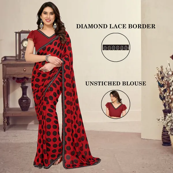 Embellished,_Polka_Print_Bollywood_Georgette_Lace_Border_Dimond_Lace_Border_Saree_(Red,_Black)