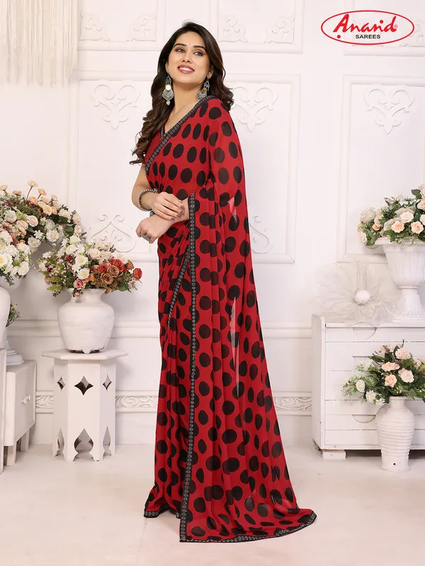 Embellished,_Polka_Print_Bollywood_Georgette_Lace_Border_Dimond_Lace_Border_Saree_(Red,_Black)