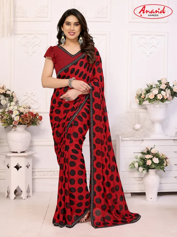 Embellished,_Polka_Print_Bollywood_Georgette_Lace_Border_Dimond_Lace_Border_Saree_(Red,_Black)