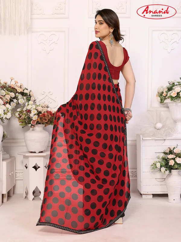 Embellished,_Polka_Print_Bollywood_Georgette_Lace_Border_Dimond_Lace_Border_Saree_(Red,_Black)