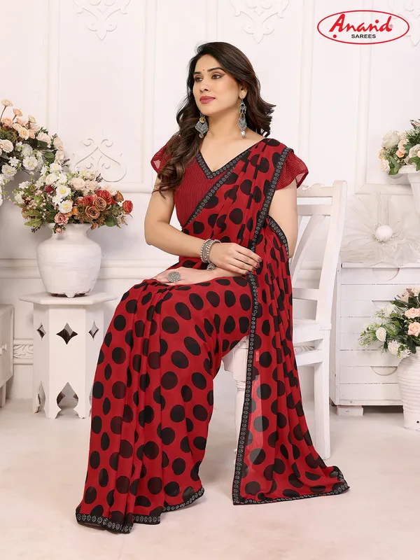 Embellished,_Polka_Print_Bollywood_Georgette_Lace_Border_Dimond_Lace_Border_Saree_(Red,_Black)