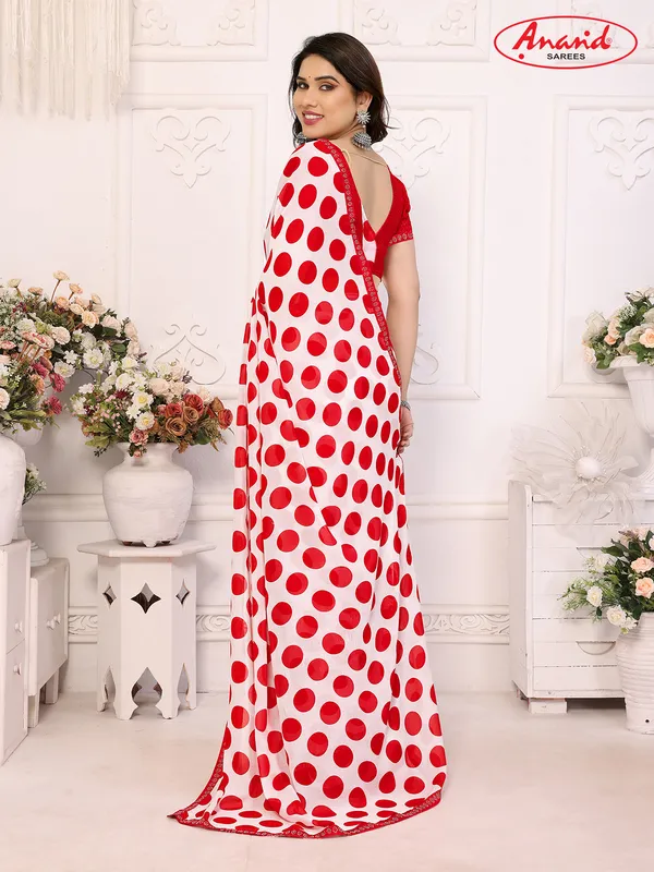 Embellished,_Polka_Print_Bollywood_Georgette_Lace_Border_Dimond_Lace_Border_Saree_(Red,_White)