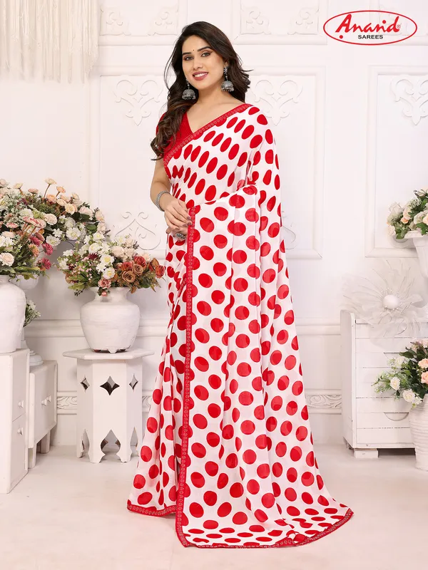 Embellished,_Polka_Print_Bollywood_Georgette_Lace_Border_Dimond_Lace_Border_Saree_(Red,_White)