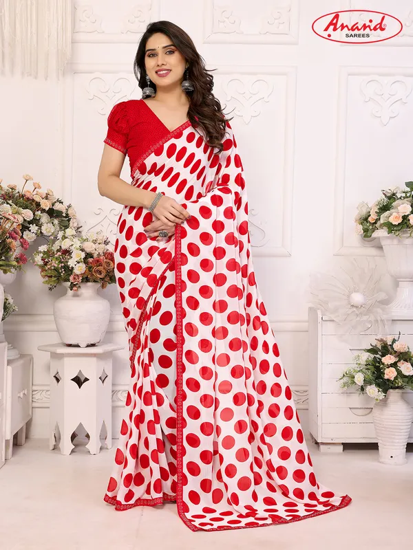 Embellished,_Polka_Print_Bollywood_Georgette_Lace_Border_Dimond_Lace_Border_Saree_(Red,_White)