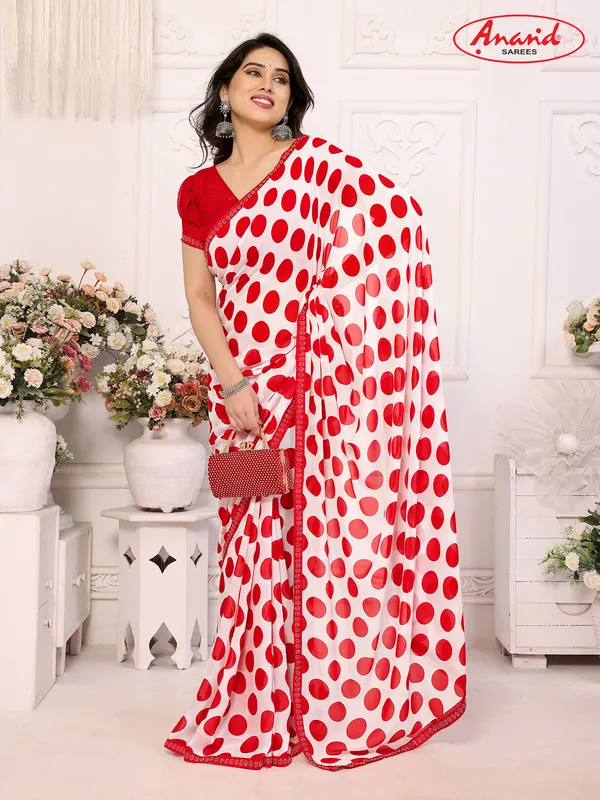 Embellished,_Polka_Print_Bollywood_Georgette_Lace_Border_Dimond_Lace_Border_Saree_(Red,_White)
