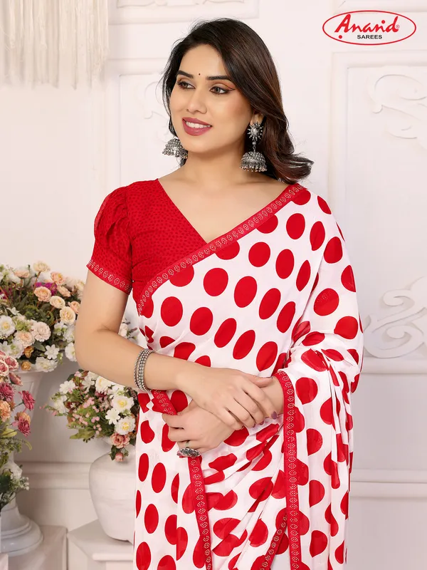 Embellished,_Polka_Print_Bollywood_Georgette_Lace_Border_Dimond_Lace_Border_Saree_(Red,_White)