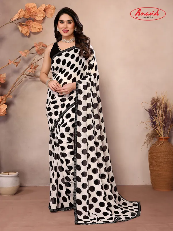 Embellished,_Polka_Print_Bollywood_Georgette_Saree_(White,_Black)