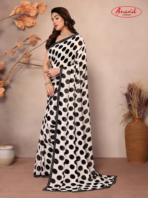 Embellished,_Polka_Print_Bollywood_Georgette_Saree_(White,_Black)