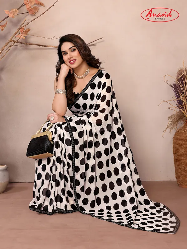Embellished,_Polka_Print_Bollywood_Georgette_Saree_(White,_Black)