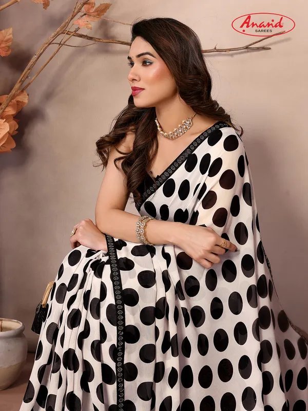 Embellished,_Polka_Print_Bollywood_Georgette_Saree_(White,_Black)