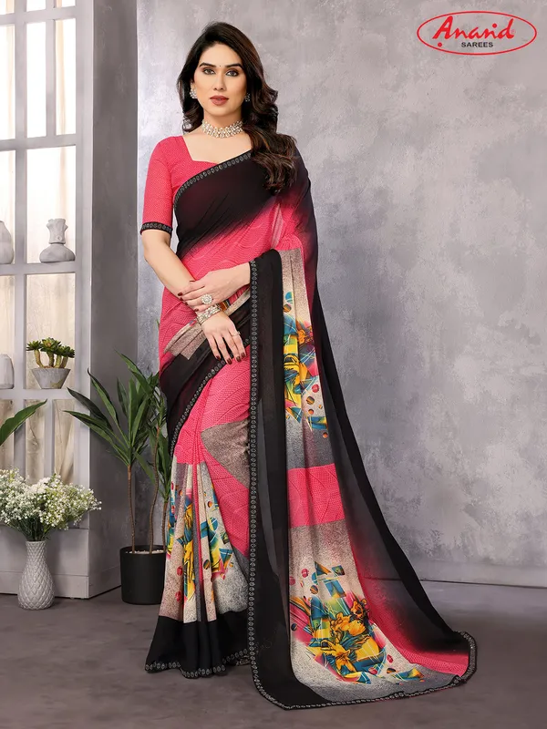 Embellished,_Floral_Print,_Geometric_Print_Bollywood_Georgette_Saree_(Black,_Pink,_Beige)