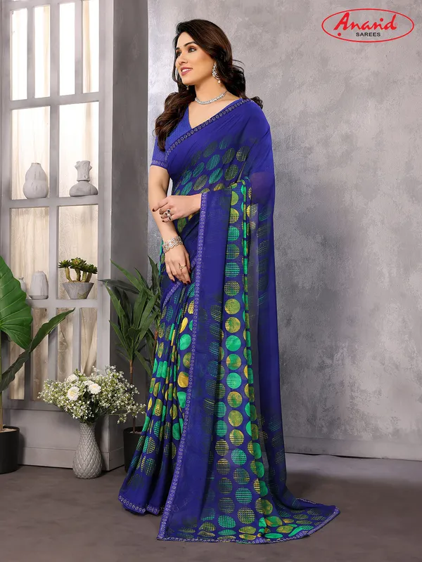 Embellished,_Geometric_Print_Bollywood_Georgette_Saree_(Blue)
