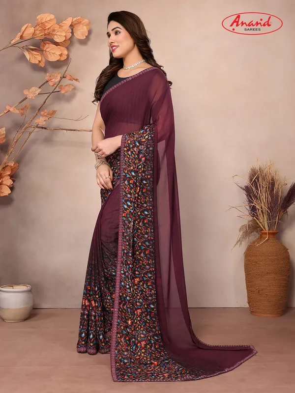 Embellished,_Floral_Print_Bollywood_Georgette_Saree_(Brown)