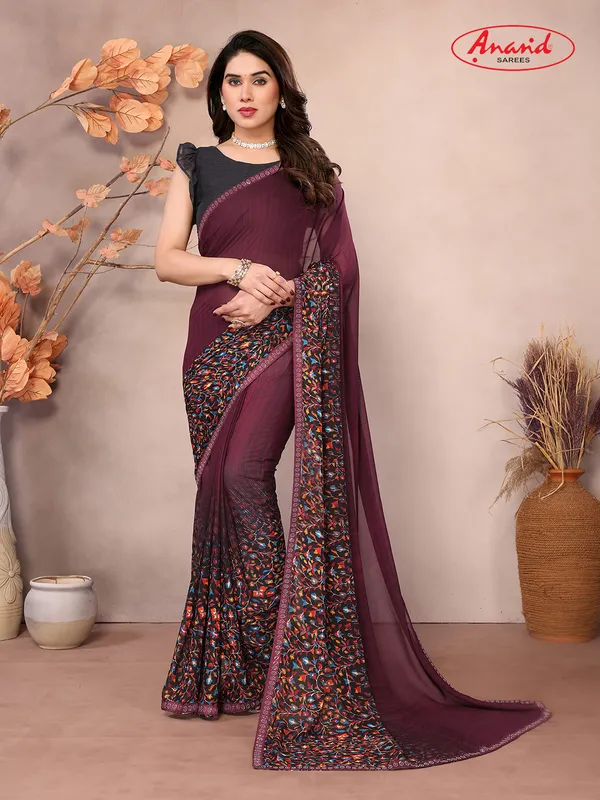 Embellished,_Floral_Print_Bollywood_Georgette_Saree_(Brown)