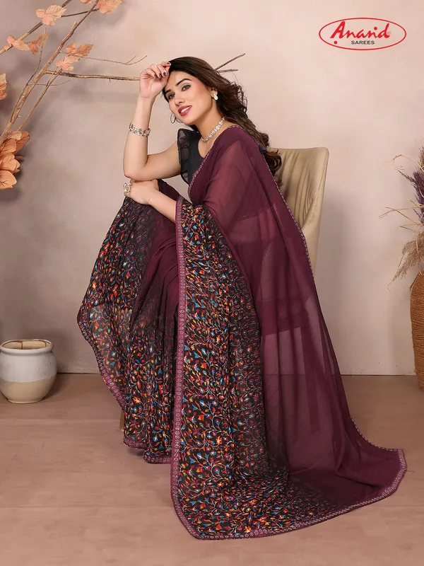 Embellished,_Floral_Print_Bollywood_Georgette_Saree_(Brown)