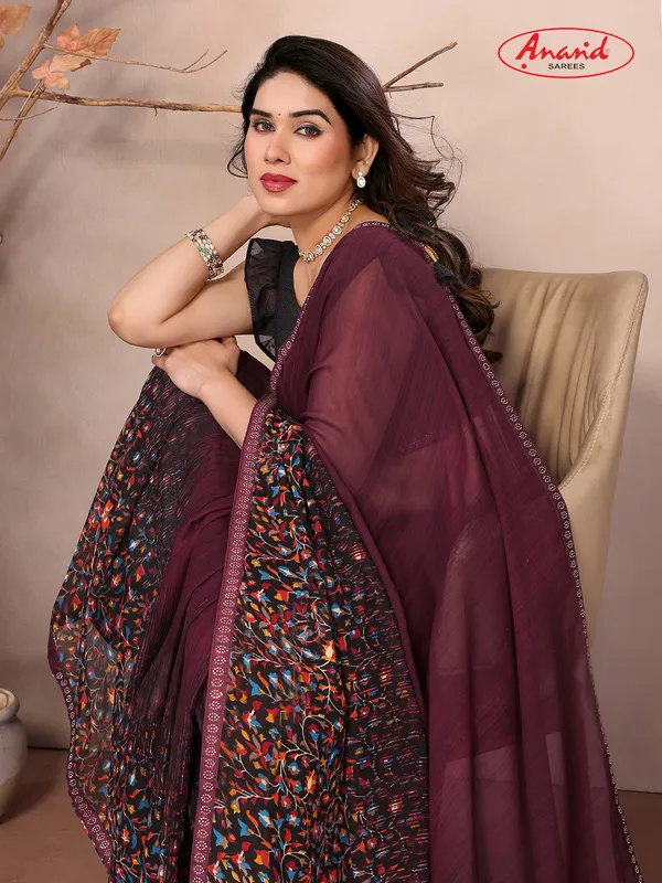 Embellished,_Floral_Print_Bollywood_Georgette_Saree_(Brown)