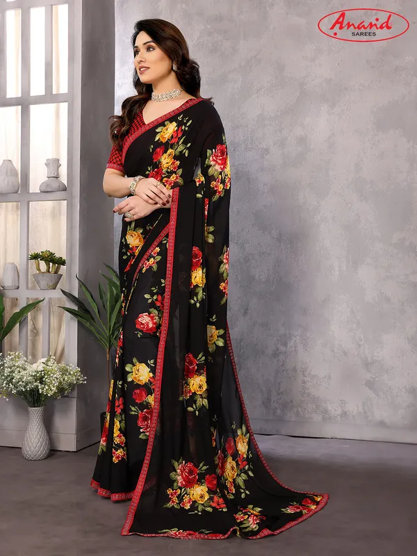 Embellished,_Floral_Print_Bollywood_Georgette_Saree_(Black)