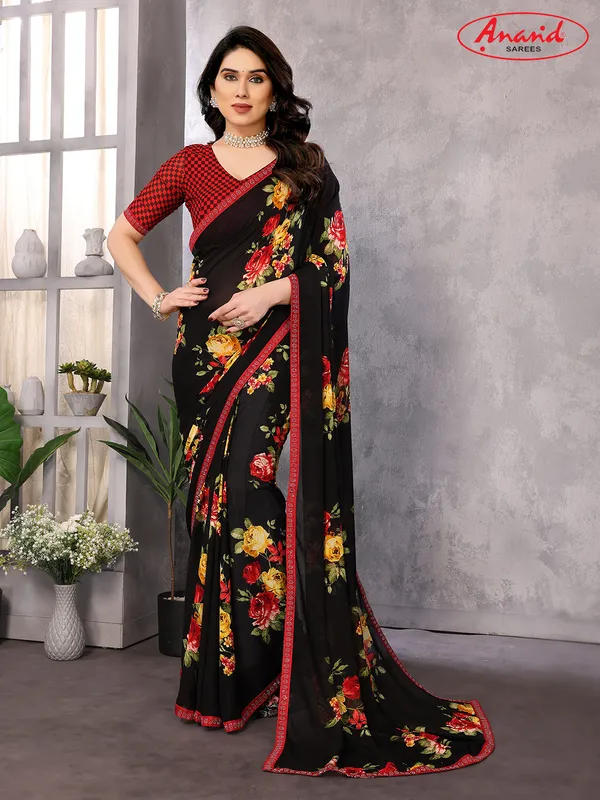 Embellished,_Floral_Print_Bollywood_Georgette_Saree_(Black)