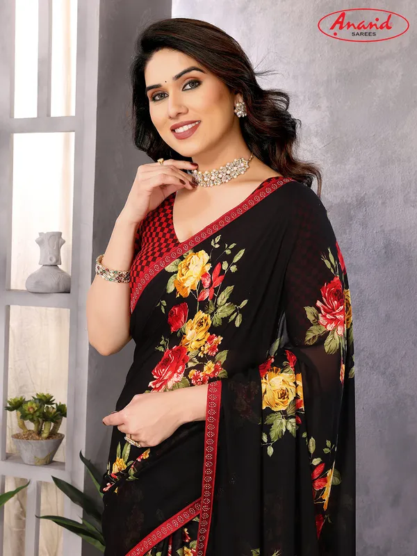 Embellished,_Floral_Print_Bollywood_Georgette_Saree_(Black)
