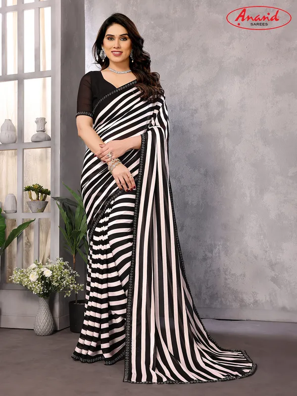 Embellished,_Striped,_Printed_Leheria_Georgette_Saree_(White,_Black)