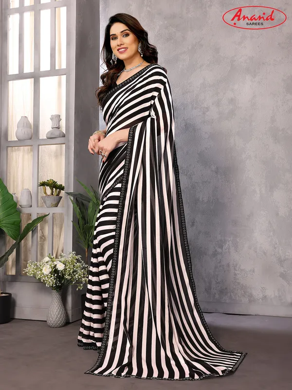 Embellished,_Striped,_Printed_Leheria_Georgette_Saree_(White,_Black)