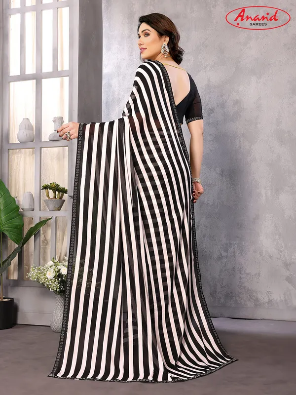 Embellished,_Striped,_Printed_Leheria_Georgette_Saree_(White,_Black)