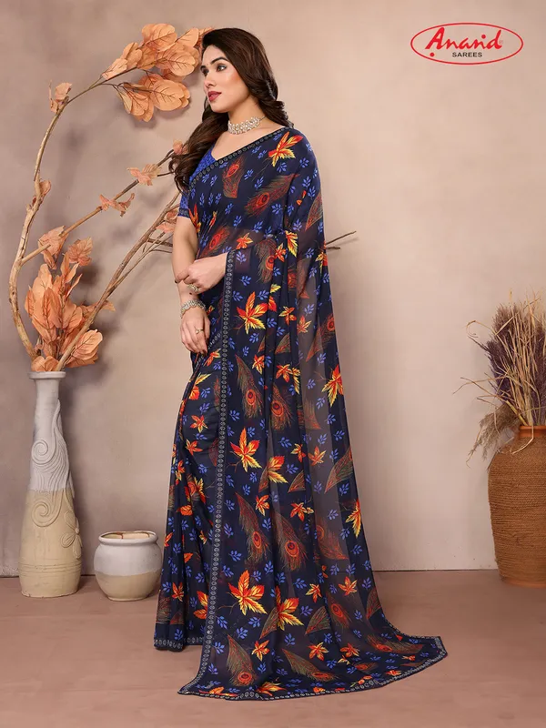 Embellished,_Floral_Print_Bollywood_Georgette_Saree_(Dark_Blue)