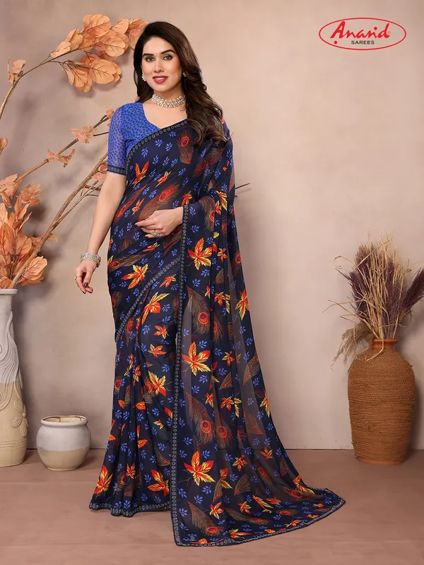Embellished,_Floral_Print_Bollywood_Georgette_Saree_(Dark_Blue)