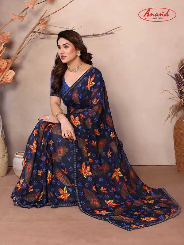 Embellished,_Floral_Print_Bollywood_Georgette_Saree_(Dark_Blue)