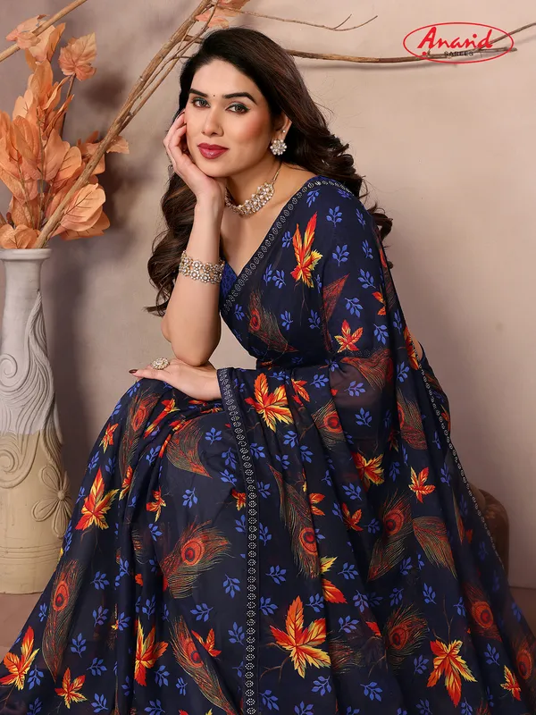 Embellished,_Floral_Print_Bollywood_Georgette_Saree_(Dark_Blue)