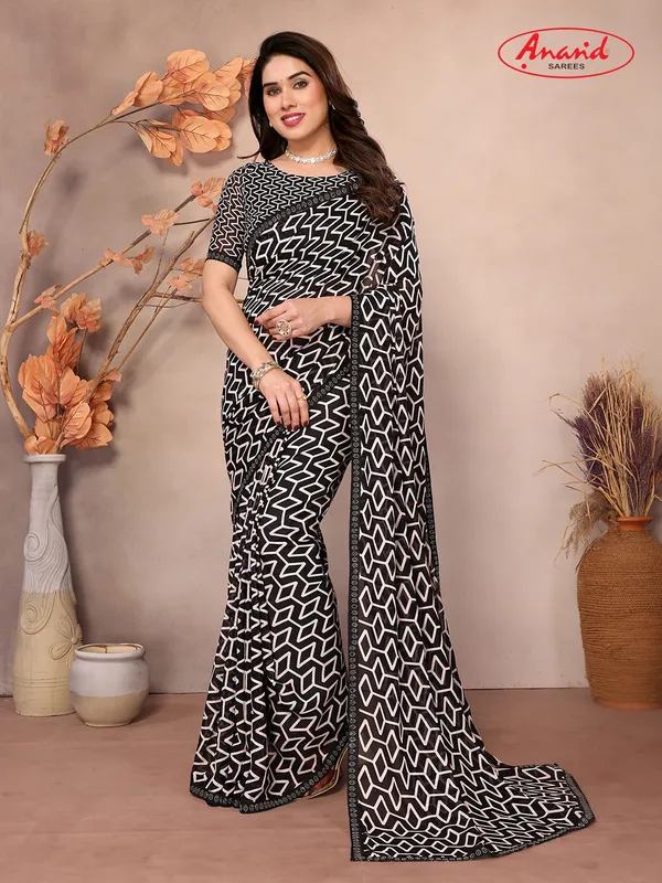 Embellished,_Geometric_Print_Bollywood_Georgette_Saree_(Black,_White)