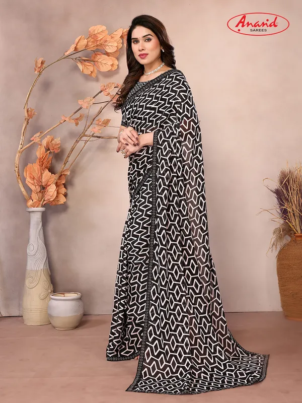 Embellished,_Geometric_Print_Bollywood_Georgette_Saree_(Black,_White)