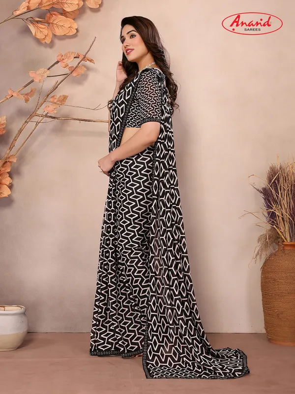 Embellished,_Geometric_Print_Bollywood_Georgette_Saree_(Black,_White)