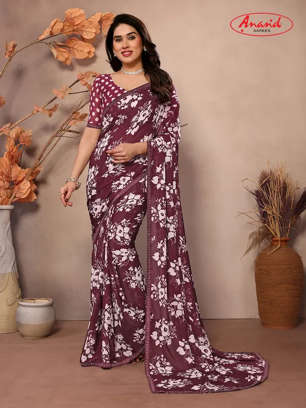 Embellished,_Floral_Print_Bollywood_Georgette_Saree_(Brown,_White)