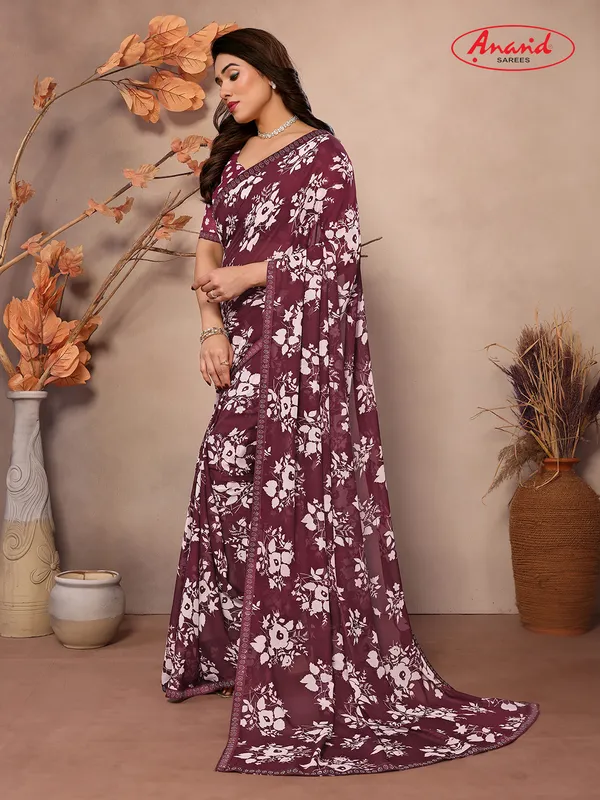 Embellished,_Floral_Print_Bollywood_Georgette_Saree_(Brown,_White)